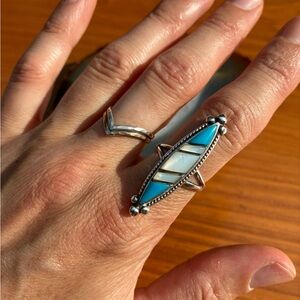 Striking Navajo Vintage Sterling Ring, Turquoise and Mother of Pearl Inlay, 6.5
